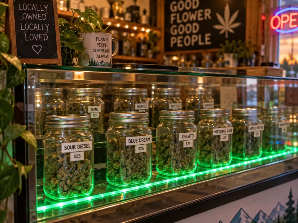 Glass jars of cannabis flower in the lit display case, each labelled with its strain name and price