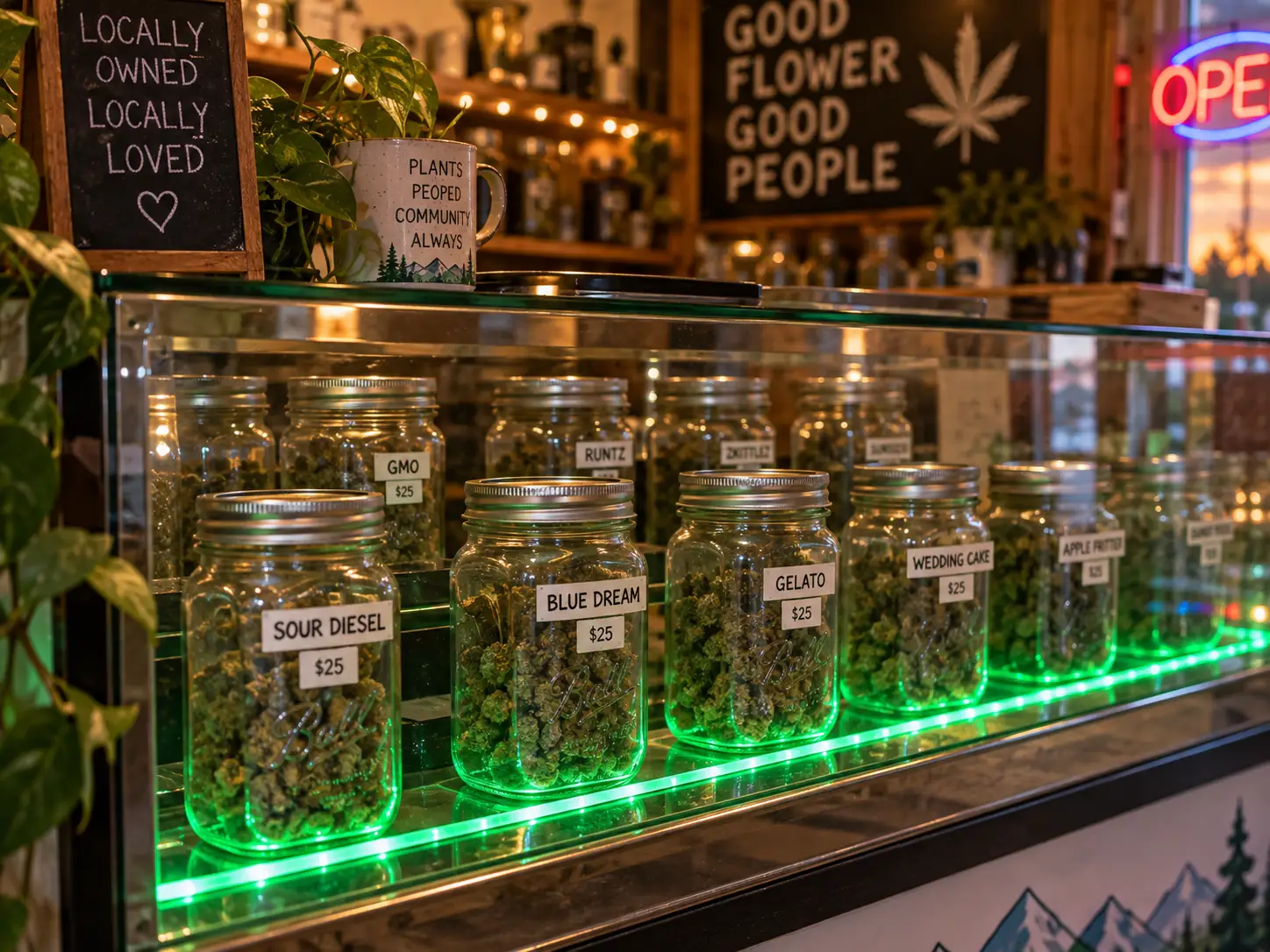 Glass jars of cannabis flower in the lit display case, each labelled with its strain name and price