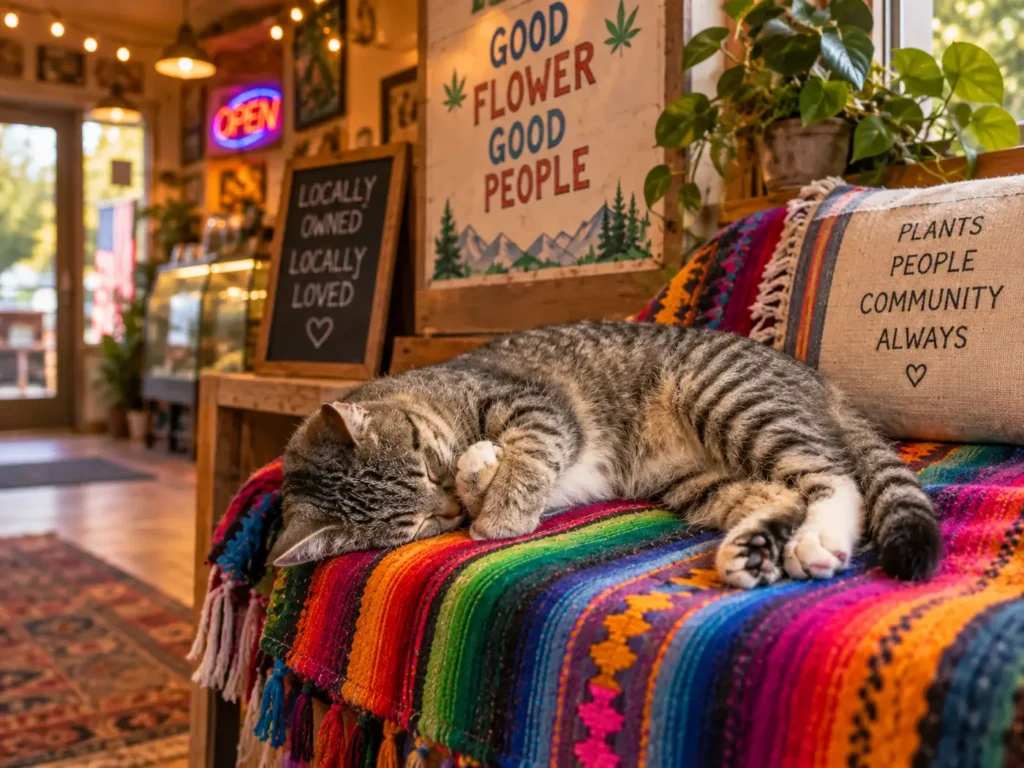 The MuMu’s shop cat asleep on a striped blanket beside the counter