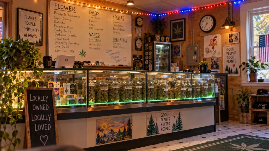 The MuMu’s counter with the product menu behind it listing flower, dabs, edibles, vapes and pre-rolls