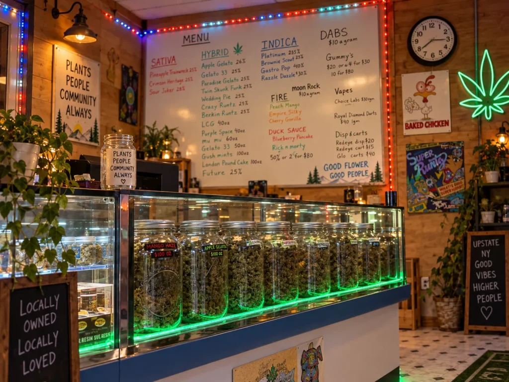 The hand-written MuMu’s menu board listing sativa, hybrid and indica strains above the counter