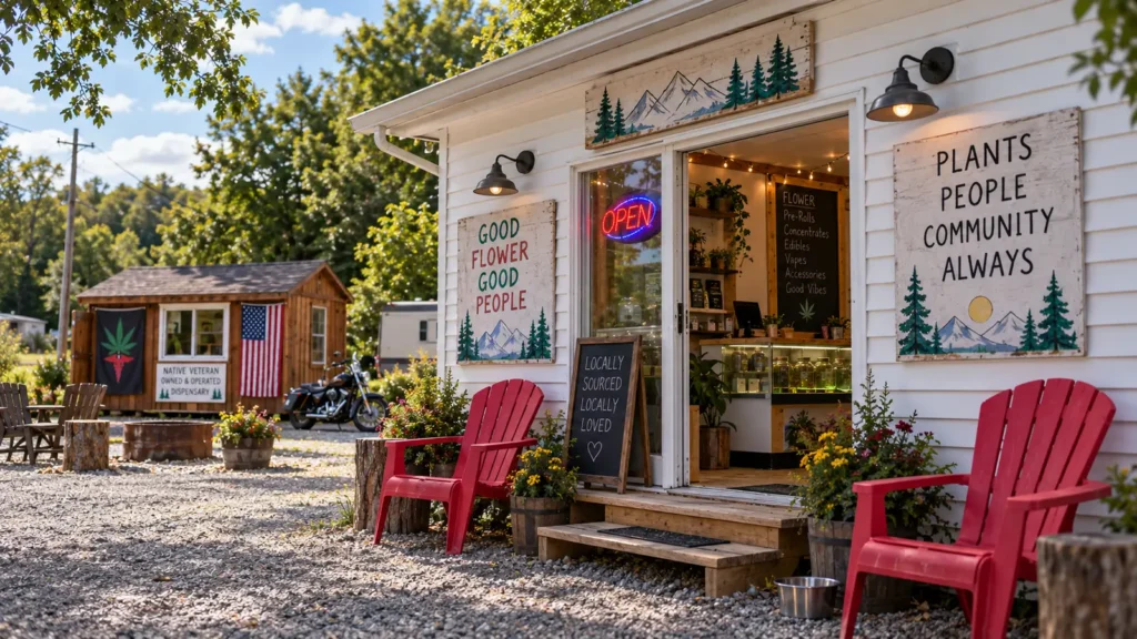 The MuMu’s shop on a summer afternoon, hand-painted signs either side of the open door