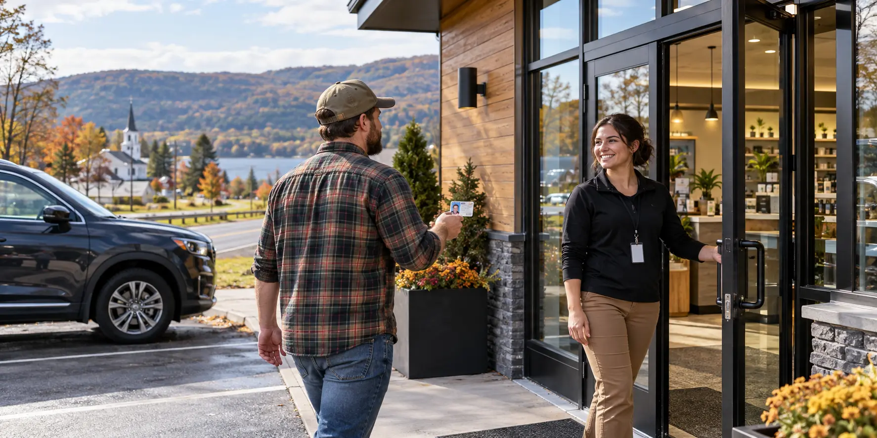Adult customer holding up a photo ID as a staff member opens the door of a dispensary on an autumn day