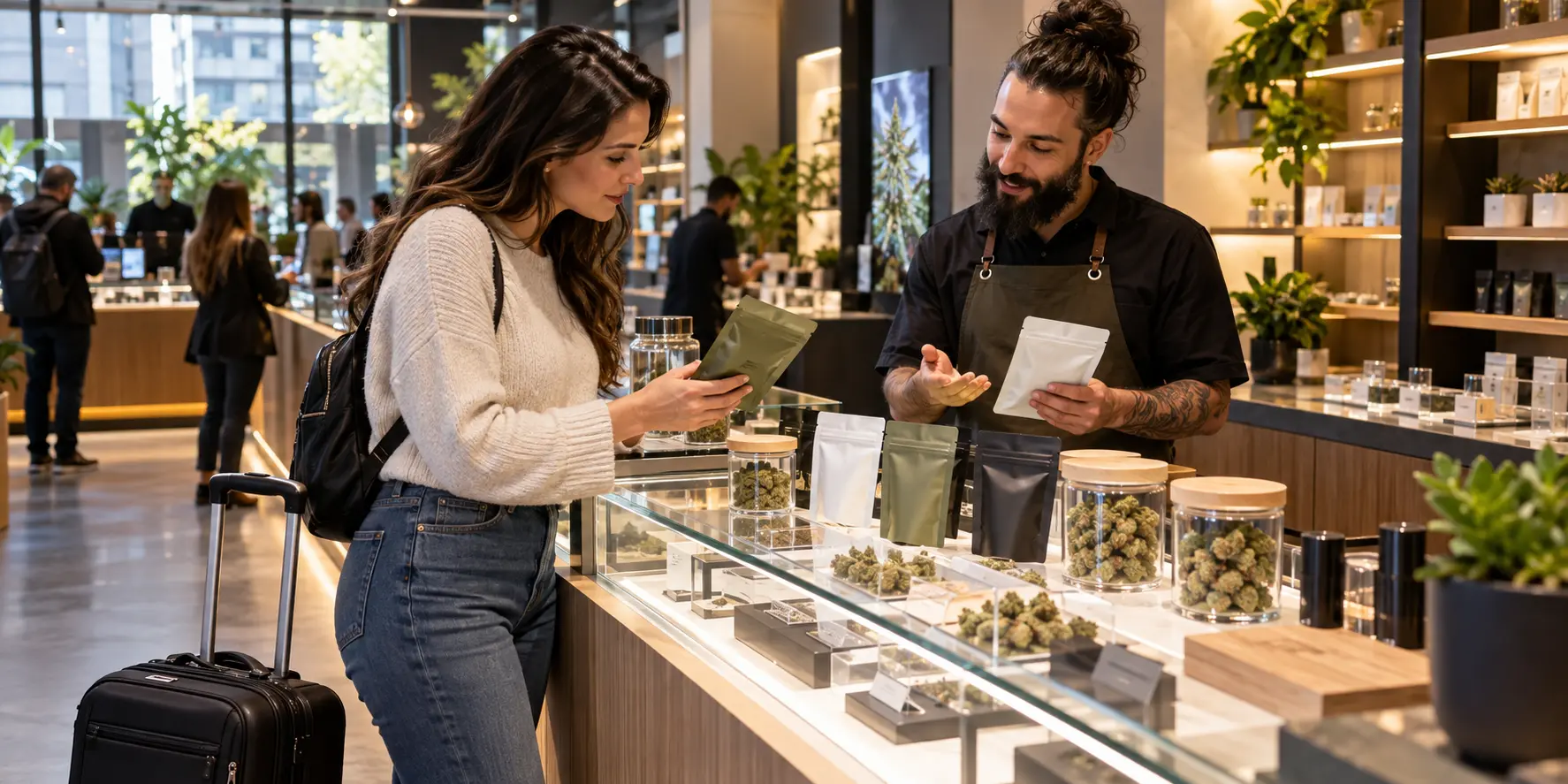 Visitor with a rolling suitcase reading a cannabis package while a budtender explains the products