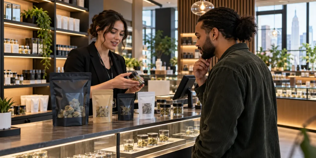 Budtender showing a jar of cannabis flower to an adult customer at a dispensary counter