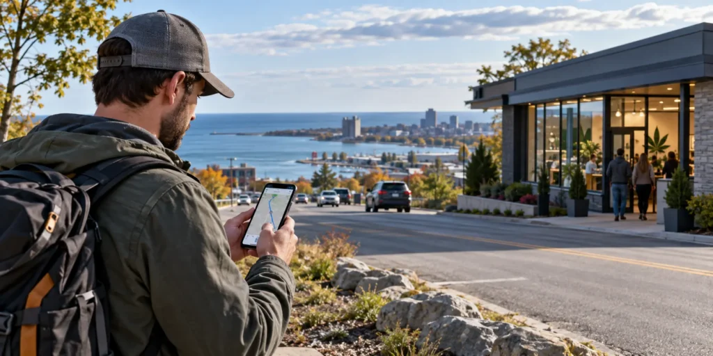 Traveler checking driving directions on a phone above a lakeside city, with a dispensary across the street