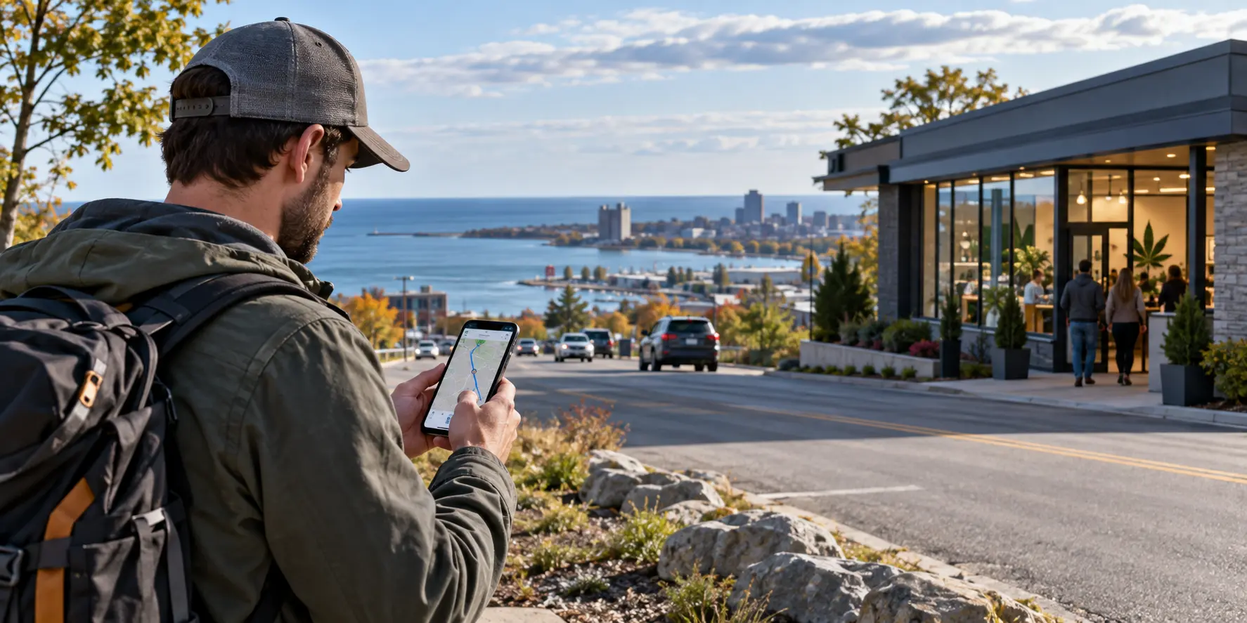 Traveler checking driving directions on a phone above a lakeside city, with a dispensary across the street