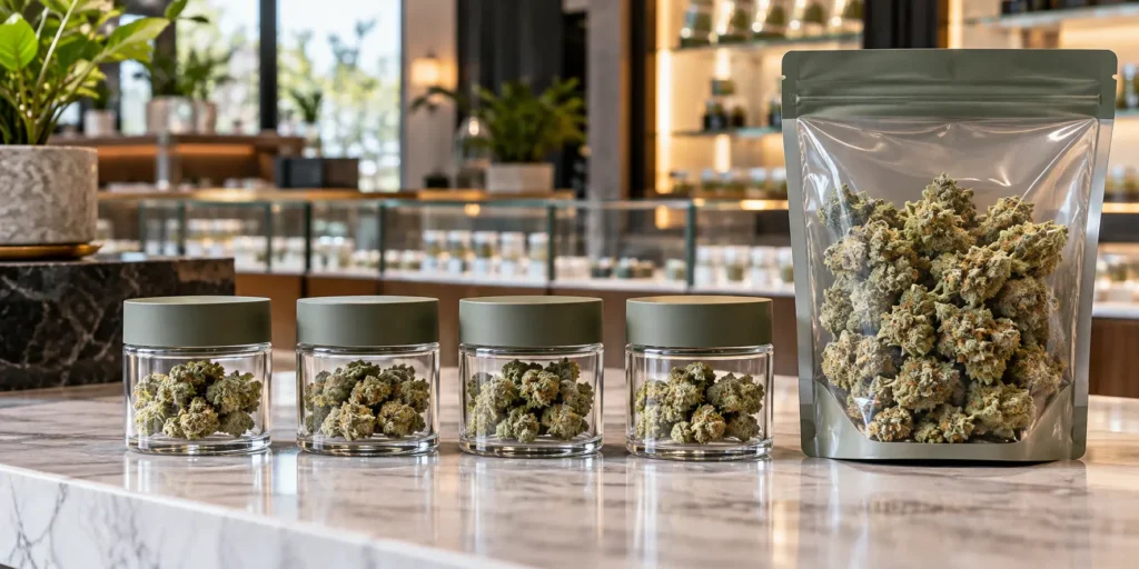 Four small glass jars of cannabis flower lined up beside one large clear bag of flower on a marble counter