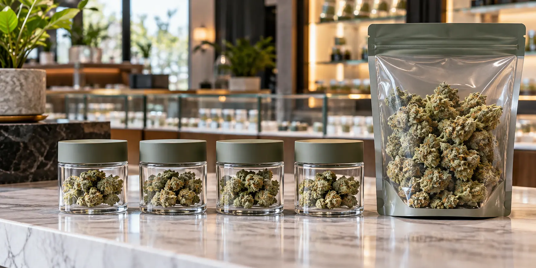 Four small glass jars of cannabis flower lined up beside one large clear bag of flower on a marble counter